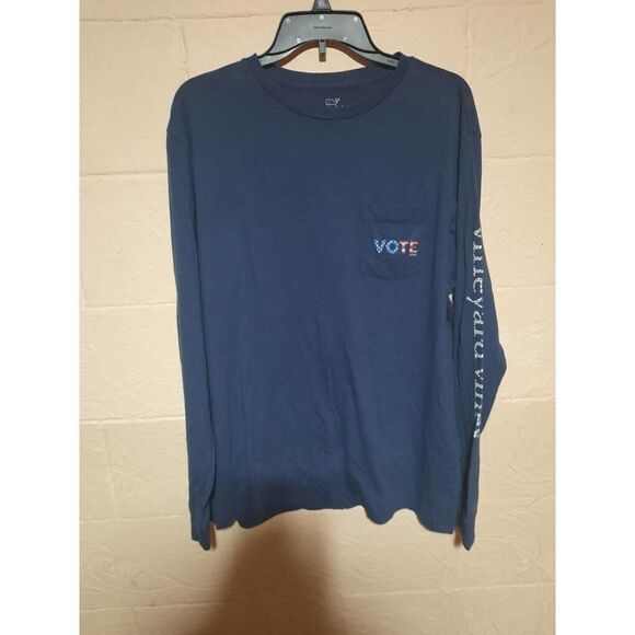 MEN'S L VINEYARD VINES VOTE LONG SLEEVE POCKET TEE T-SHIRT Navy Blue Red White - Picture 1 of 5